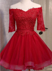 Red Short Prom Dresses , Short Sleeves Off Shoulder Party Dresses, Red Homecoming Dresses