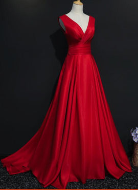 Red V-neckline Floor Length Satin Junior Prom Dresses, Red Party Dresses, Pretty Party Dresses