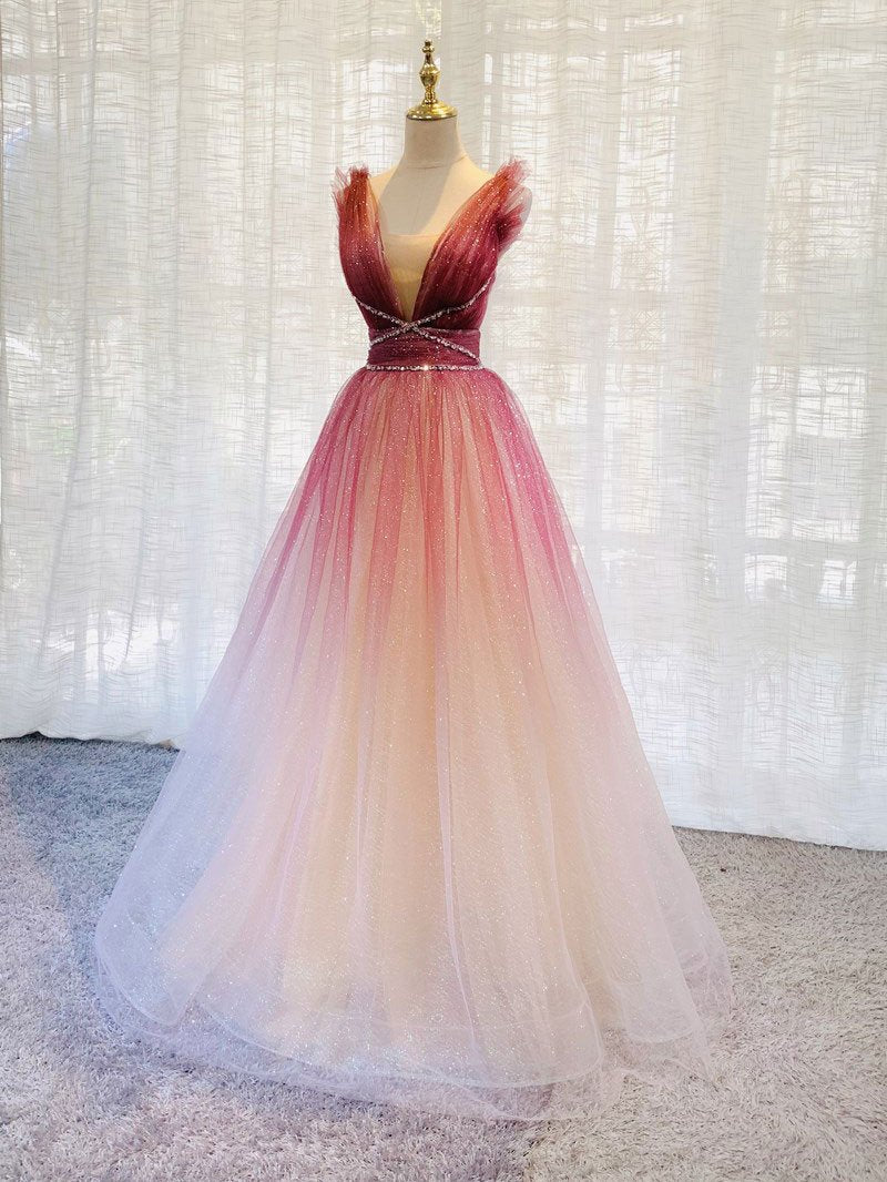 Red and White Gradient Tulle Deep V-neckline New Style Party Dress, Re Cutedressy Red and White Gradient Tulle Deep V-neckline New Style Party Dress, Re Cutedressy