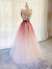 Red and White Gradient Tulle Deep V-neckline New Style Party Dress, Red Long Prom Dress