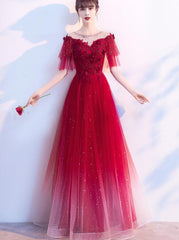 Charming Red Tulle Off Shoudler Gradient Party Dress, A-line Prom Dress 2021
