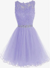 Cute Round Neck Lace Short Purple Prom Dresses, Purple Homecoming Dresses