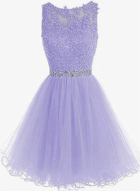 Cute Round Neck Lace Short Purple Prom Dresses, Purple Homecoming Dres – Cutedressy