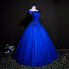 Royal Blue Ball Gown Pricess Off Shoudler Tulle Party Dress, Blue Evening Dress Prom Dress