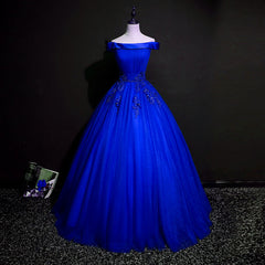 Royal Blue Ball Gown Pricess Off Shoudler Tulle Party Dress, Blue Evening Dress Prom Dress
