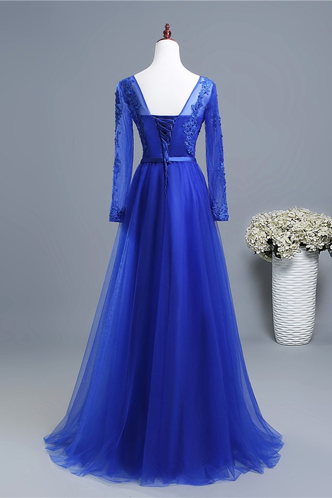 Royal Blue Long Sleeves Tulle with Lace Applique Formal Gown, Blue Bridesmaid Dress Party Dresses