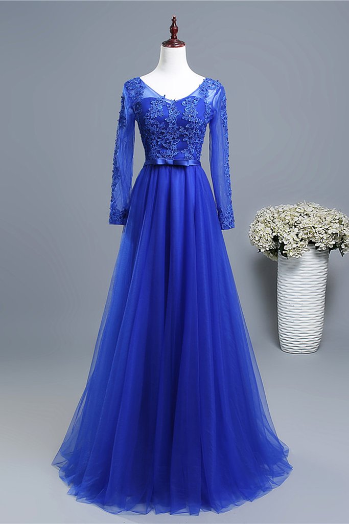 Royal Blue Long Sleeves Tulle with Lace Applique Formal Gown, Blue Bri ...