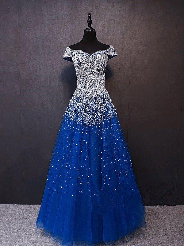 A Line One Shoulder Royal Blue Sequins Long Prom Dress main image 0