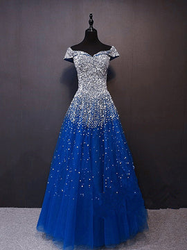 Glam Royal Blue Sequins Long Prom Dress, Off Shoulder A-line Formal Dress