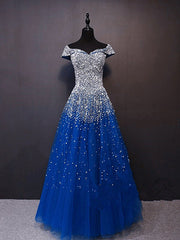 Glam Royal Blue Sequins Long Prom Dress, Off Shoulder A-line Formal Dress