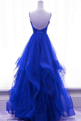 Royal Blue Shiny Tulle V-neckline Straps Long Party Dress, A-line Tulle Prom Dress Evening Dress