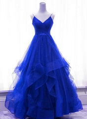 Royal Blue Shiny Tulle V-neckline Straps Long Party Dress, A-line Tulle Prom Dress Evening Dress