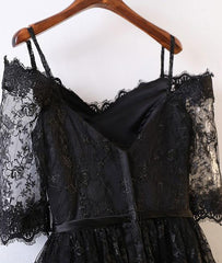 Stylish Off-Shoulder Black Lace High Low Prom Dress , Black Evening Party Dress