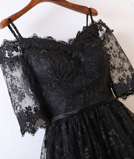 Stylish Off-Shoulder Black Lace High Low Prom Dress , Black Evening Party Dress