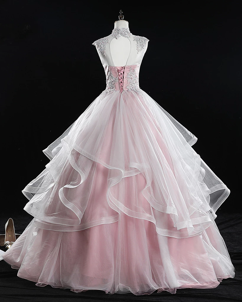 Pink High Neck Tulle Lace Long Prom Dress, Pink Sweet 16 Gown