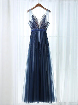 Sexy Navy Blue Tulle A-Line Scoop Floor-Length  Prom Dress with Appliques , Blue Formal Gowns