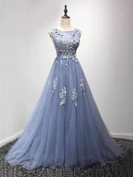 Beautiful Blue Tulle Long Handmade Formal Gown with Applique, Charming Evening Dress