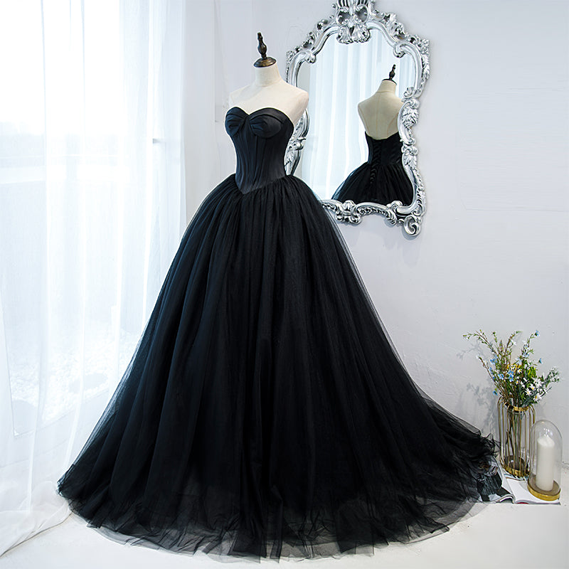 Black Sweetheart Tulle Long Evening Dress, Black Sweet 16 Gowns Cutedressy Black Sweetheart Tulle Long Evening Dress, Black Sweet 16 Gowns Cutedressy