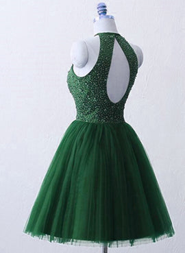 Cute Halter Beaded Green Tulle Formal Dress, Dark Green Homecoming Dresses