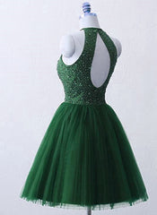 Cute Halter Beaded Green Tulle Formal Dress, Dark Green Homecoming Dresses