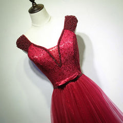 Wine Red Sexy V-neck Beaded Tulle Long Prom Dress, Dark Red Tulle With Applique Evening Dresses