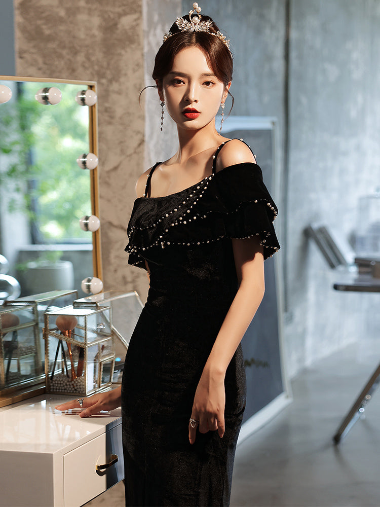 Sexy Black Velvet Beaded Straps Slit Long Evening Dress, Black Formal Cutedressy Sexy Black Velvet Beaded Straps Slit Long Evening Dress, Black Formal Cutedressy