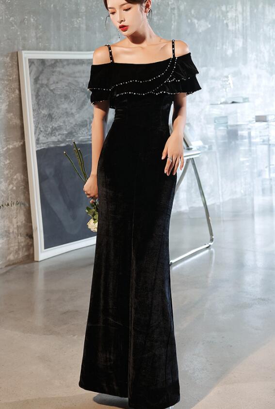 Sexy Black Velvet Beaded Straps Slit Long Evening Dress, Black Formal Dress Party Dress