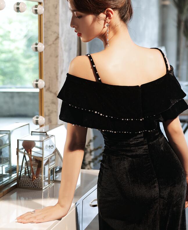 Sexy Black Velvet Beaded Straps Slit Long Evening Dress, Black Formal Cutedressy Sexy Black Velvet Beaded Straps Slit Long Evening Dress, Black Formal Cutedressy