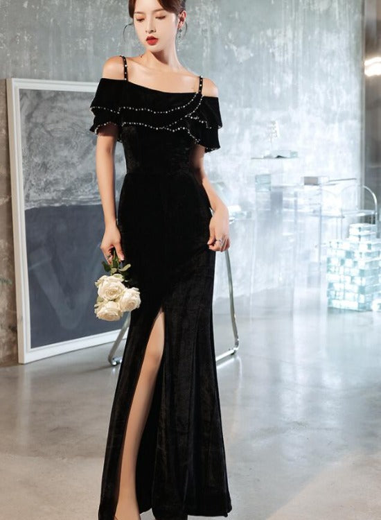 Sexy Black Velvet Beaded Straps Slit Long Evening Dress, Black Formal Dress Party Dress