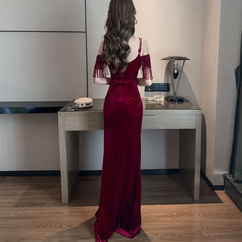 Sexy Wine Red Velvet Mermaid Sweetheart Long Evening Dress, Off Should – Cutedressy