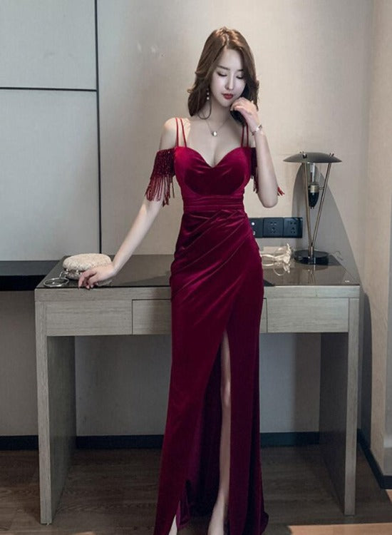 Sexy Wine Red Velvet Mermaid Sweetheart Long Evening Dress, Off Shoulder Dark Red Party Dress