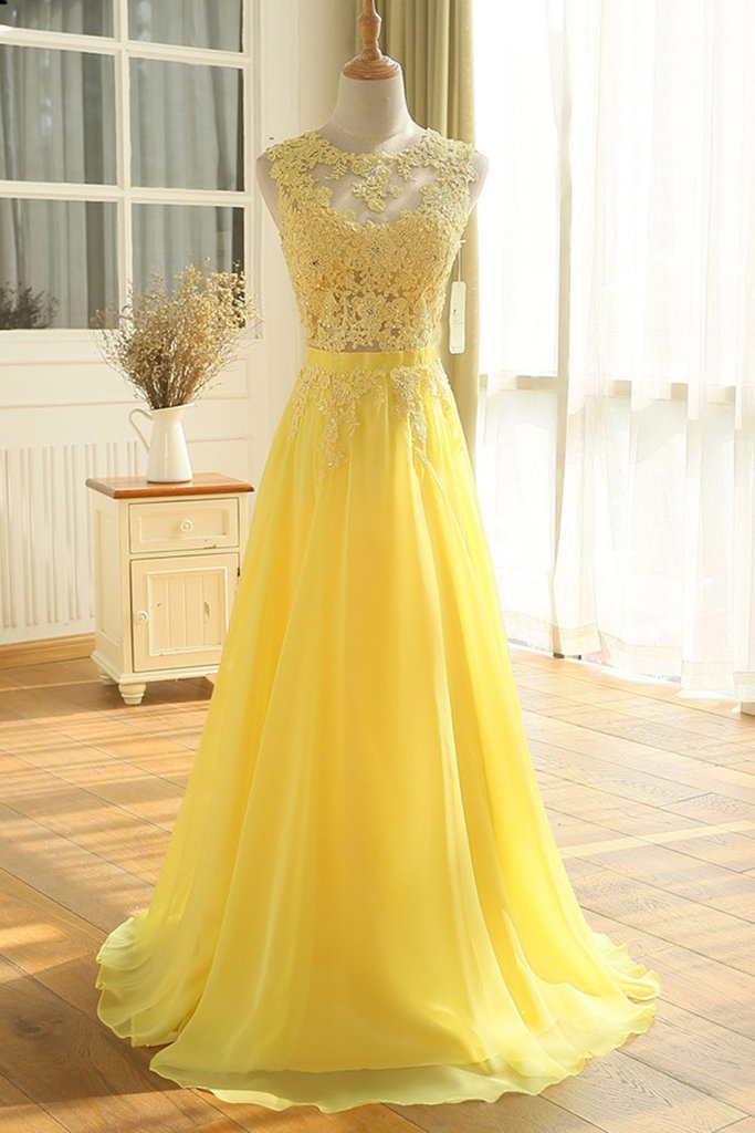 Beautiful Yellow Chiffon and Applique Long Party Dress, A-line Senior Cutedressy Beautiful Yellow Chiffon and Applique Long Party Dress, A-line Senior Cutedressy