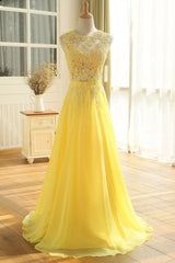 Beautiful Yellow Chiffon and Applique Long Party Dress, A-line Senior Prom Dress