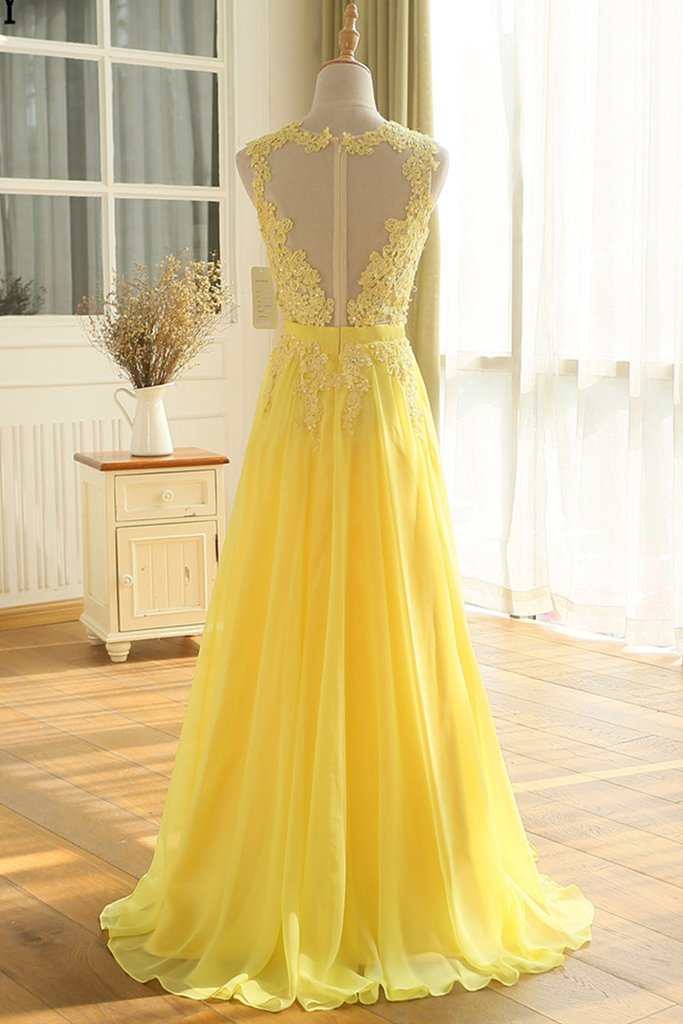 Beautiful Yellow Chiffon and Applique Long Party Dress, A-line Senior Prom Dress