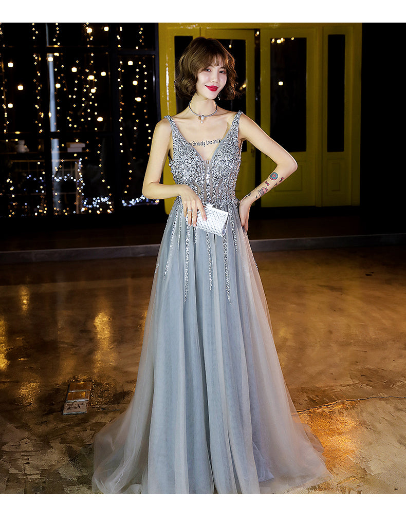 Shiny Beaded V-neckline Grey Long Low Back Floor Length Party Dress, G Cutedressy Shiny Beaded V-neckline Grey Long Low Back Floor Length Party Dress, G Cutedressy