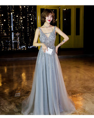 Shiny Beaded V-neckline Grey Long Low Back Floor Length Party Dress, Grey Evening Dress Prom Dresses