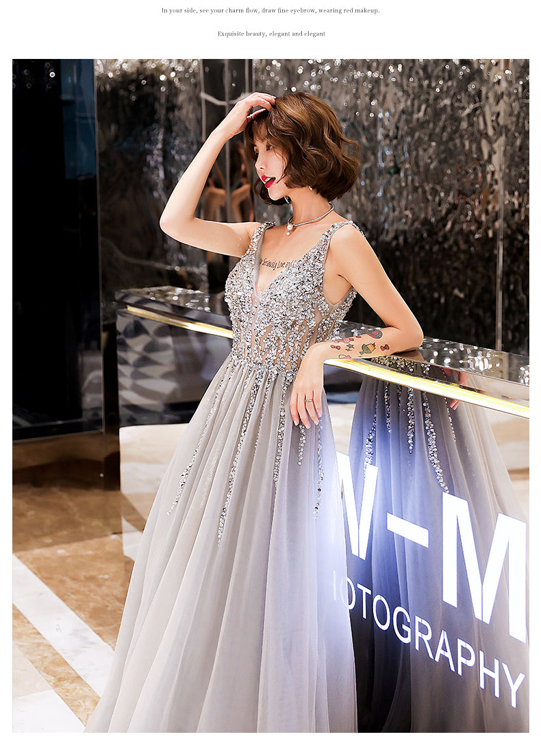 Shiny Beaded V-neckline Grey Long Low Back Floor Length Party Dress, G Cutedressy Shiny Beaded V-neckline Grey Long Low Back Floor Length Party Dress, G Cutedressy