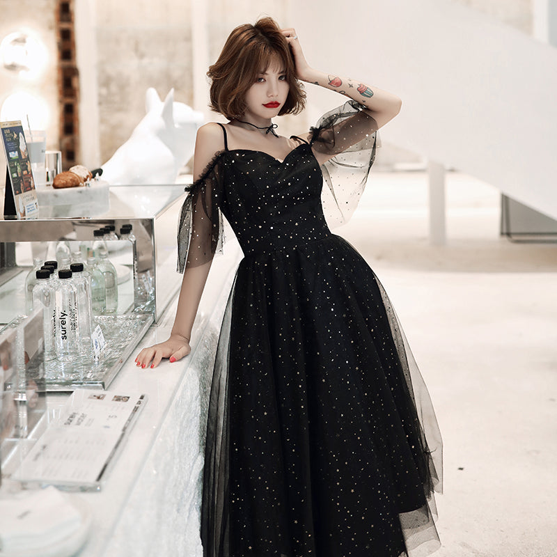 Shiny Black Off Shoulder Tea Length Party Dress Prom Dress, Black Homecoming Dresses