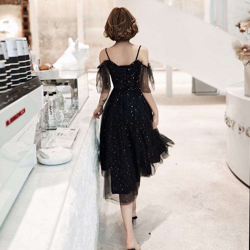 Shiny Black Off Shoulder Tea Length Party Dress Prom Dress, Black Home Cutedressy Shiny Black Off Shoulder Tea Length Party Dress Prom Dress, Black Home Cutedressy