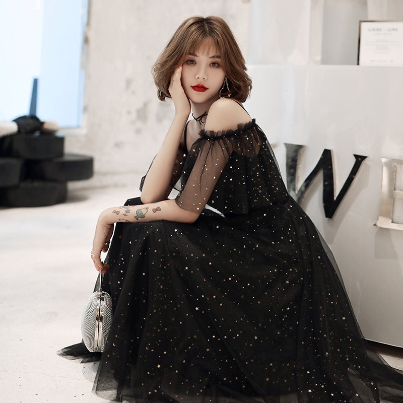 Shiny Black Off Shoulder Tea Length Party Dress Prom Dress, Black Homecoming Dresses Shiny Black Off Shoulder Tea Length Party Dress Prom Dress, Black Homecoming Dresses