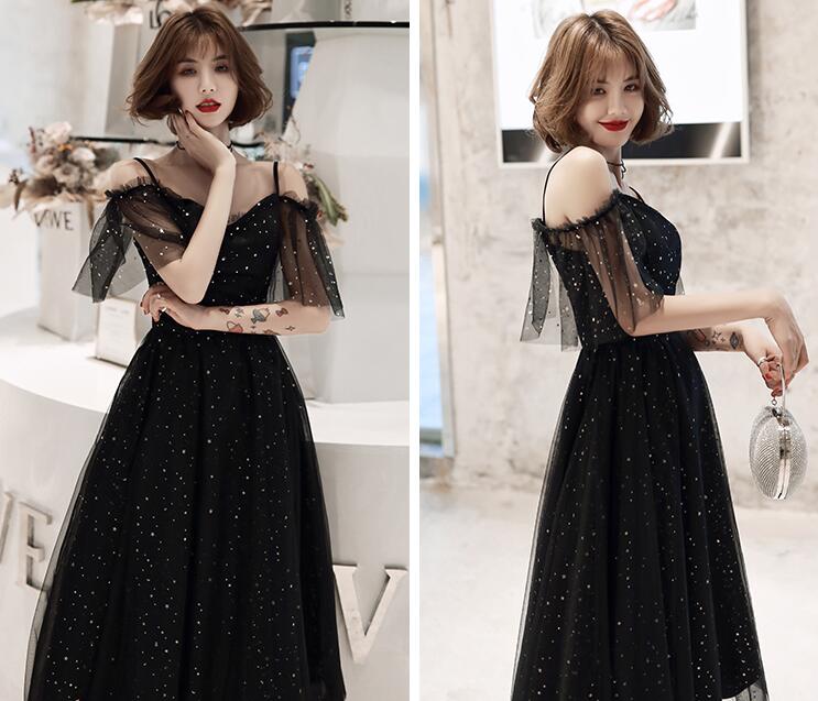Shiny Black Off Shoulder Tea Length Party Dress Prom Dress, Black Home – Cutedressy Shiny Black Off Shoulder Tea Length Party Dress Prom Dress, Black Home – Cutedressy