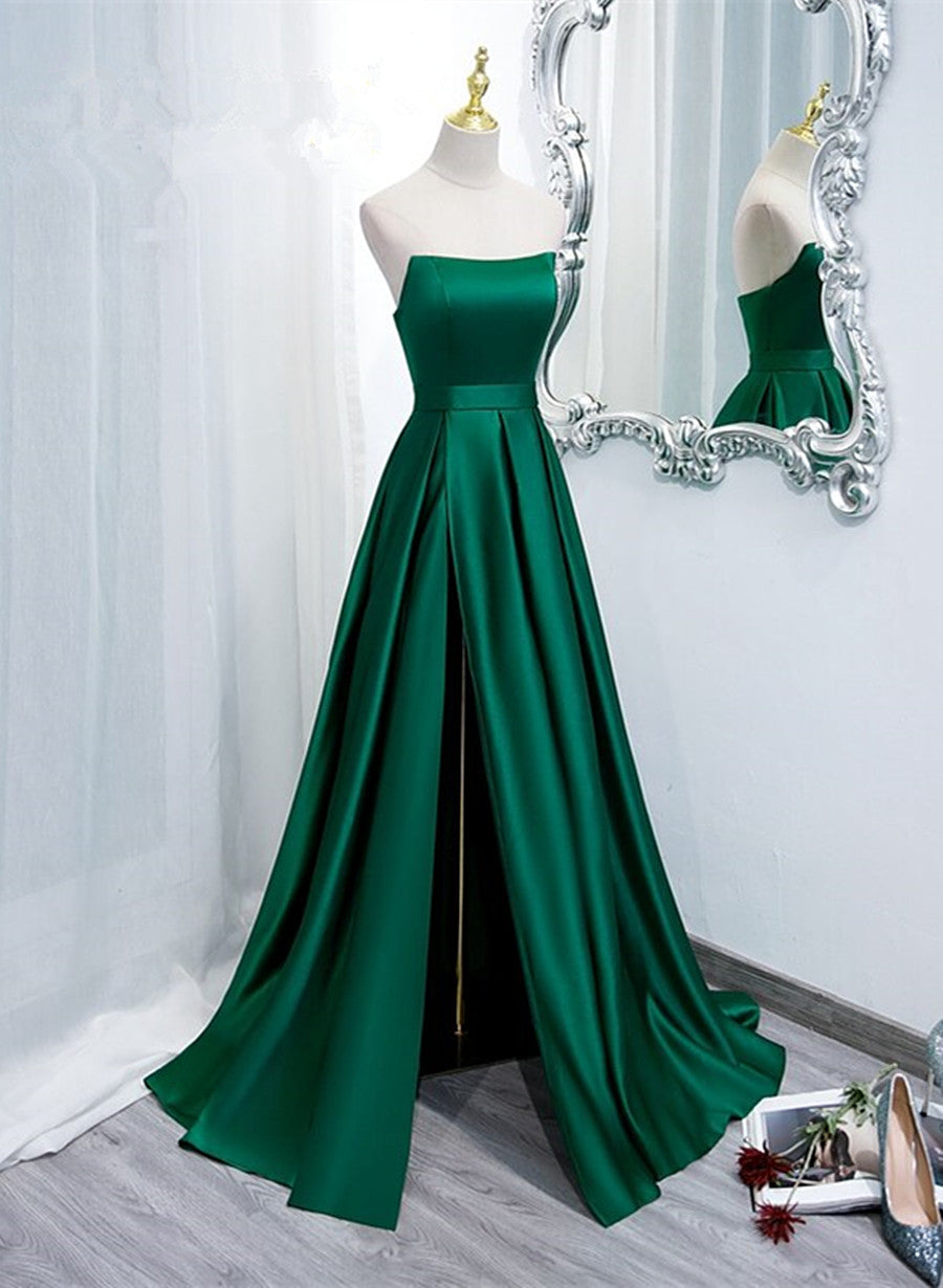 Green Simple Satin Long Prom Dress with Leg Slit, Green Evening Formal Dress