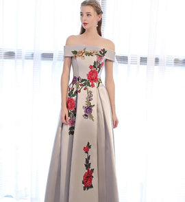 Sliver Grey Satin Off Shoulder Long Party Dress with Embroidery, A-line Prom Dress Graduation Dress
