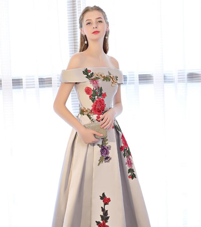 Sliver Grey Satin Off Shoulder Long Party Dress with Embroidery, A-lin Cutedressy Sliver Grey Satin Off Shoulder Long Party Dress with Embroidery, A-lin Cutedressy