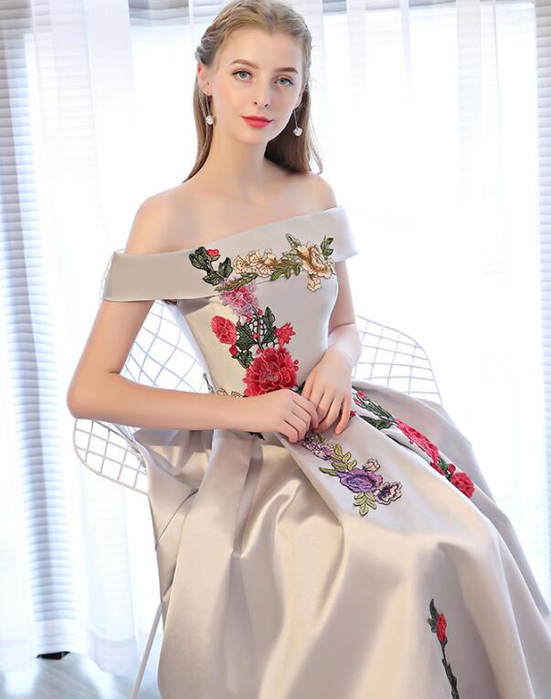 Sliver Grey Satin Off Shoulder Long Party Dress with Embroidery, A-lin Cutedressy Sliver Grey Satin Off Shoulder Long Party Dress with Embroidery, A-lin Cutedressy