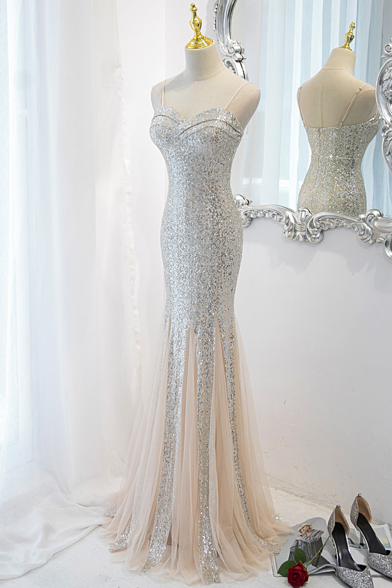 Sliver Sequins Mermaid Straps Long Evening Gown Prom Dress, Long Party Cutedressy Sliver Sequins Mermaid Straps Long Evening Gown Prom Dress, Long Party Cutedressy
