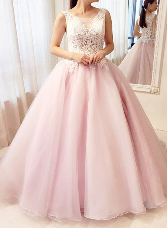 A Line Pink Tulle See Through Long Sweet Prom Dress, Pink Round Neckline Lace Sweet 16 Gown