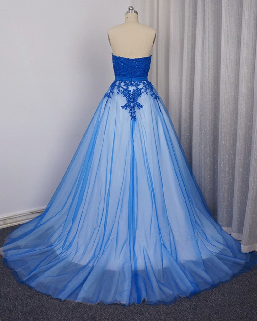Beautiful Blue Tulle with Lace Applique Sweetheart Long Formal Dress, Charming Blue Gowns