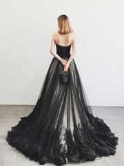 Elegant Black Tulle with Lace Applique Long Formal Gown , Black Party Gowns