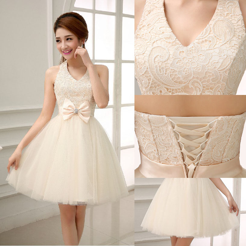 Champagne Halter V-neckline Knee Length Lace with Bow Party Dress, Champagne Homecoming Dresses